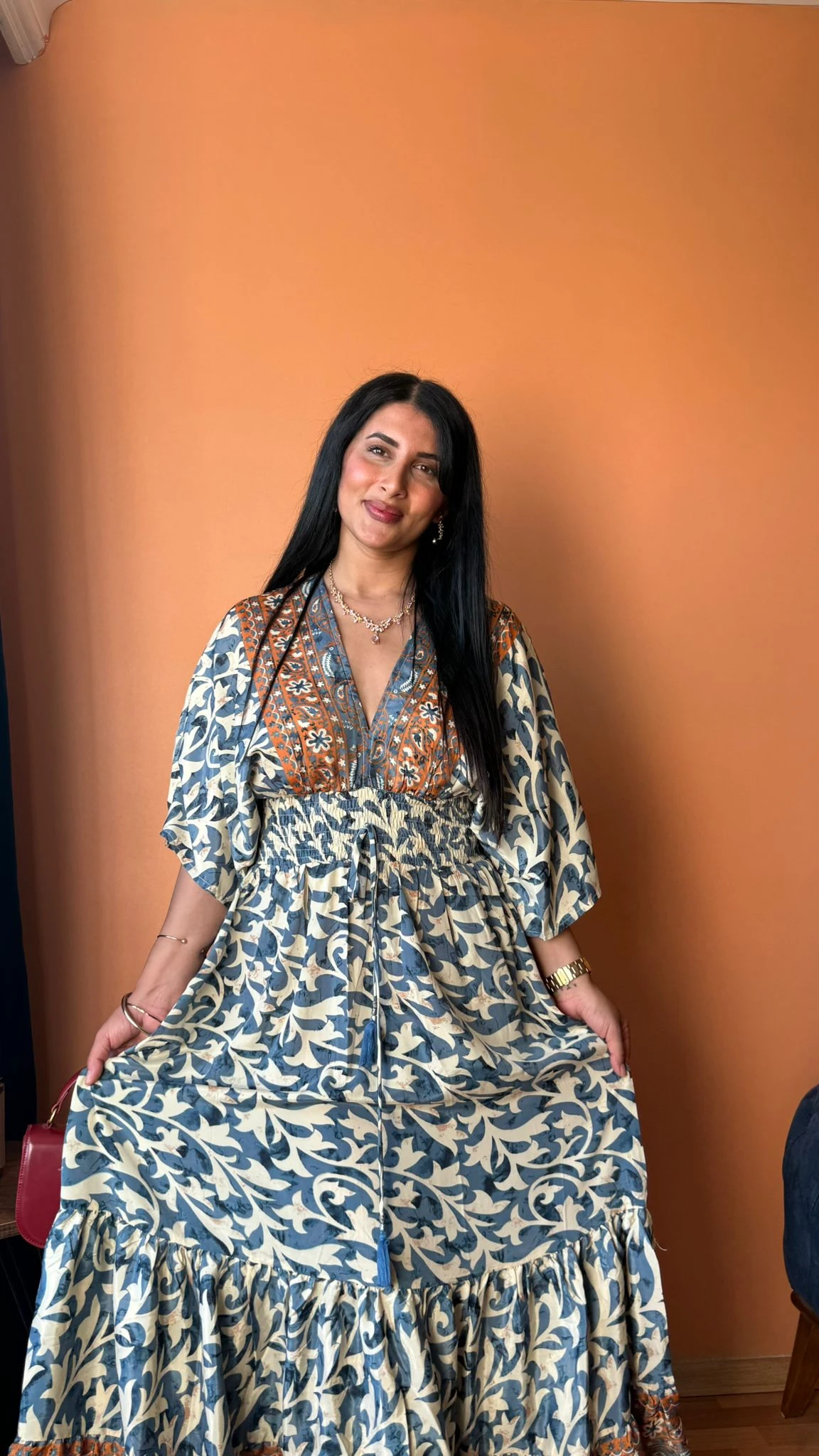Yarasa Kol İpek Kaftan Mavi Kahve